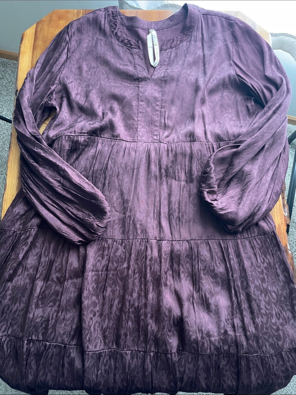 Plum Jacquard Romantic Tiered Tunic Dress Eggplant Bishop Billowing Sleeves Fall